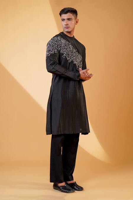 Shop_Menero_Black Cotton, Silk Embroidery Resham Kurta And Pant Set _Online_at_Aza_Fashions