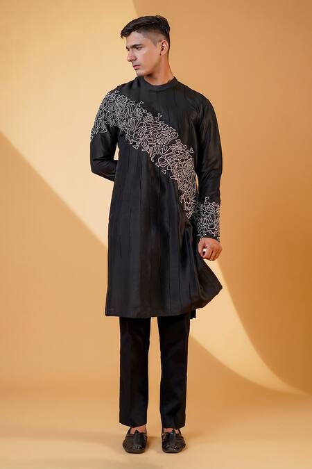 Menero_Black Cotton, Silk Embroidery Resham Kurta And Pant Set _at_Aza_Fashions