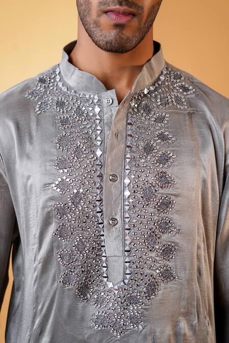 Menero_Grey Cotton, Rayon, Silk Mirrors Emboidered Kurta And Pathani Pant Set _Online_at_Aza_Fashions