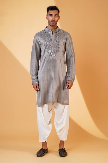 Buy_Menero_Grey Cotton, Rayon, Silk Mirrors Emboidered Kurta And Pathani Pant Set _Online_at_Aza_Fashions