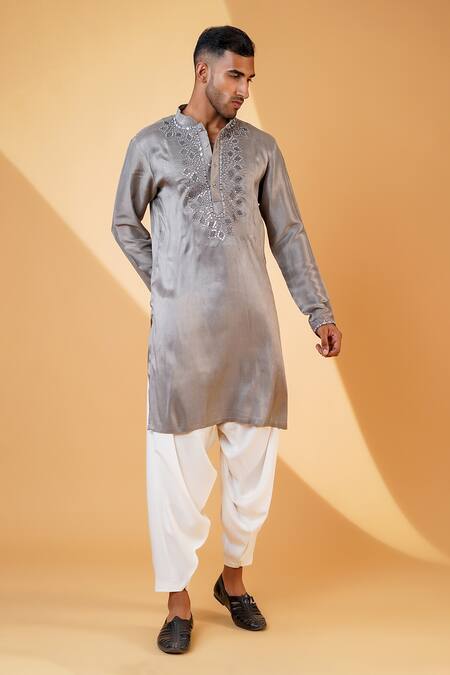 Shop_Menero_Grey Cotton, Rayon, Silk Mirrors Emboidered Kurta And Pathani Pant Set _Online_at_Aza_Fashions