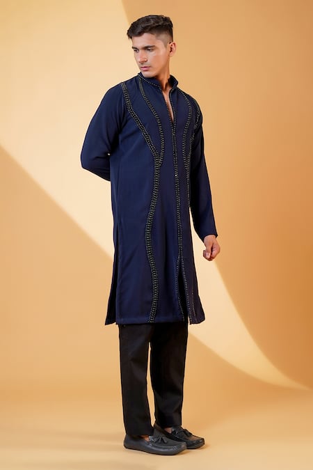 Shop_Menero_Blue Cotton, Crepe Beads Emboidered Kurta And Pant Set _Online_at_Aza_Fashions
