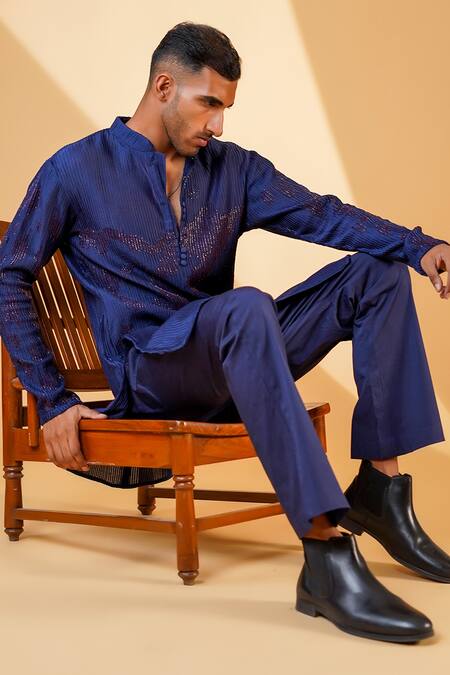 Menero_Blue Chanderi Silk, Cotton Cut Work Cutdana Emboidered Kurta And Pant Set _Online_at_Aza_Fashions