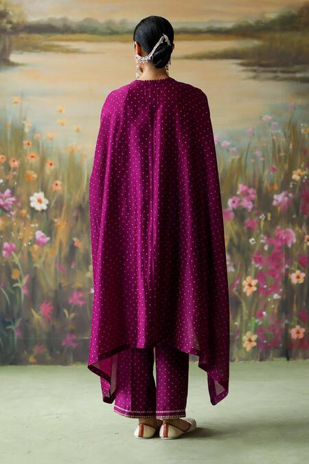 Shop_Shikha Mehta_Purple Silk, Chanderi Embroidery Adira Printed Asymmetric Cape With Pant _at_Aza_Fashions