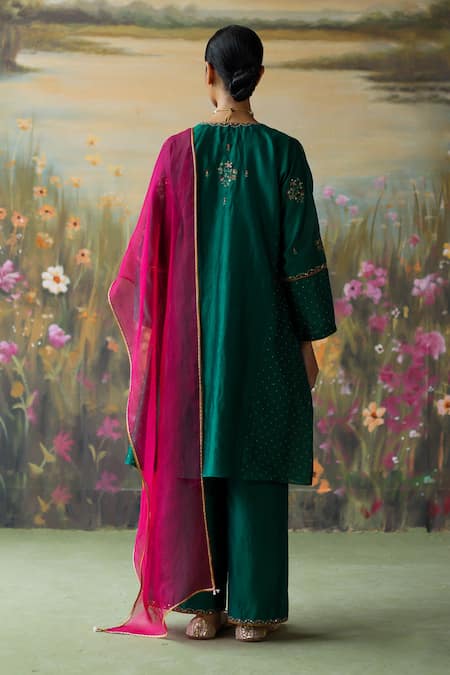 Shop_Shikha Mehta_Green Organza, Sequins, Embroidery Arifa Thread Kurta Pyjama Set _at_Aza_Fashions