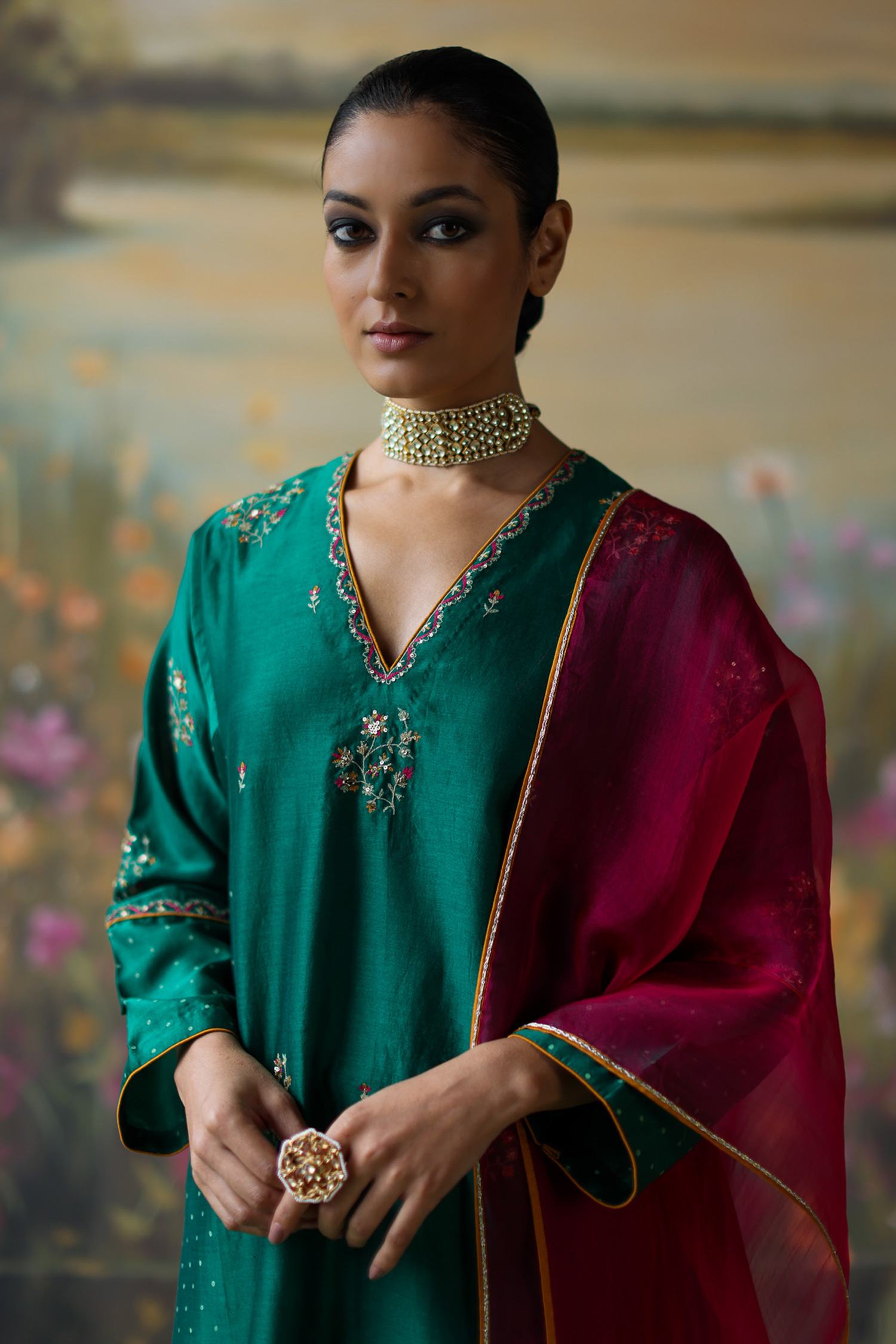 Shikha Mehta_Green Organza, Sequins, Embroidery Arifa Thread Kurta Pyjama Set _Online_at_Aza_Fashions