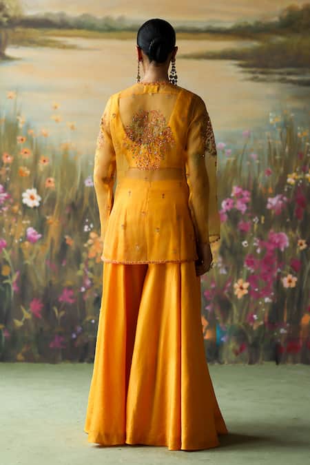 Shop_Shikha Mehta_Yellow Organza, Sequins, Embroidery Baani Thread Kurta Sharara Set _at_Aza_Fashions