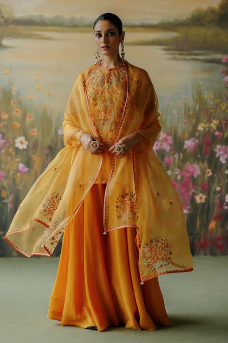 Shikha Mehta_Yellow Organza, Sequins, Embroidery Baani Thread Kurta Sharara Set _Online_at_Aza_Fashions