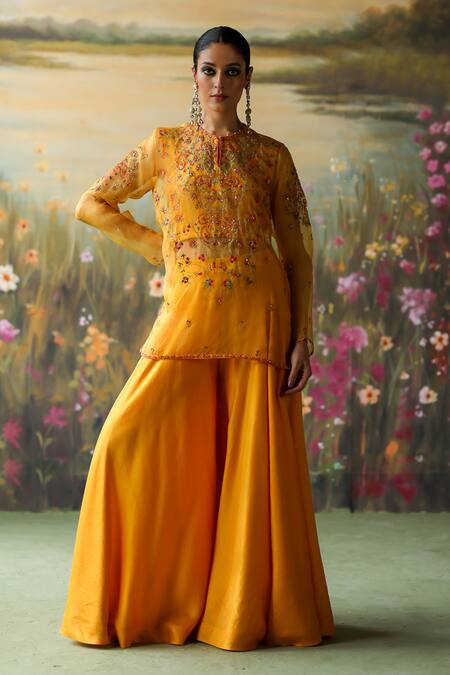 Buy_Shikha Mehta_Yellow Organza, Sequins, Embroidery Baani Thread Kurta Sharara Set _Online_at_Aza_Fashions