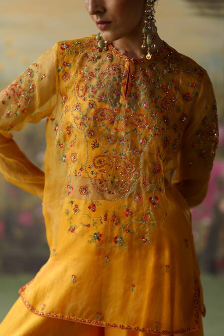 Shop_Shikha Mehta_Yellow Organza, Sequins, Embroidery Baani Thread Kurta Sharara Set _Online_at_Aza_Fashions