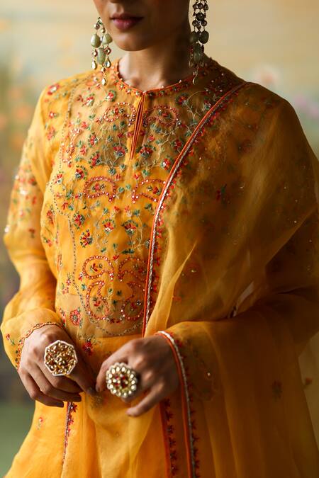 Shikha Mehta_Yellow Organza, Sequins, Embroidery Baani Thread Kurta Sharara Set _at_Aza_Fashions