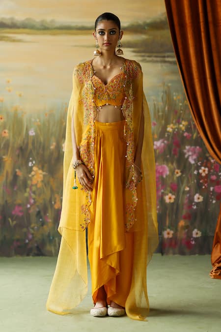 Shikha Mehta Yellow Cape Silk Organza Embroidered Thread Dani Scalloped Draped Skirt Set 