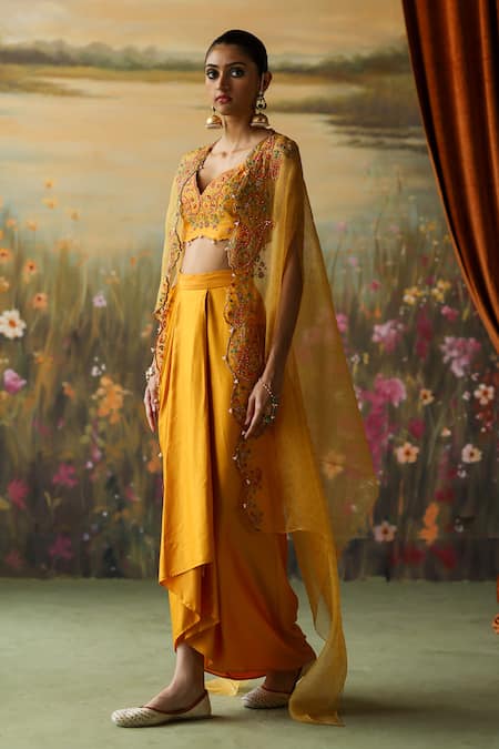 Shikha Mehta_Yellow Silk, Chanderi, Satin Dani Embroidered Scalloped Cape Draped Skirt Set _Online_at_Aza_Fashions