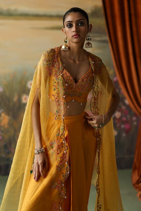 Buy_Shikha Mehta_Yellow Silk, Chanderi, Satin Dani Embroidered Scalloped Cape Draped Skirt Set _Online_at_Aza_Fashions