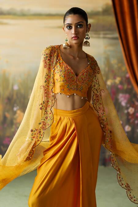 Shop_Shikha Mehta_Yellow Silk, Chanderi, Satin Dani Embroidered Scalloped Cape Draped Skirt Set _Online_at_Aza_Fashions