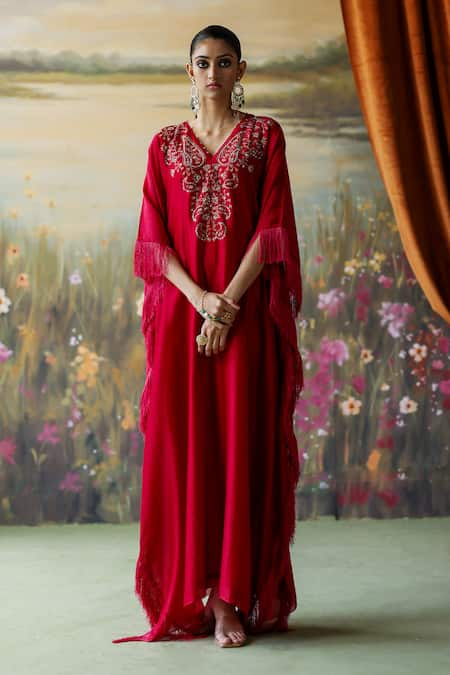 Shikha Mehta Red Kaftan Silk Chanderi Embroidered Thread V-neck Hiya Paisley 