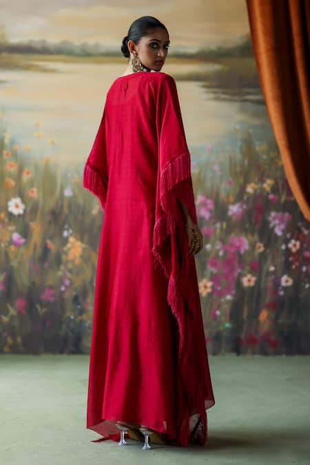 Shop_Shikha Mehta_Red Silk, Chanderi, Cotton Sequins, Embroidery V-neck Hiya Paisley Kaftan _at_Aza_Fashions