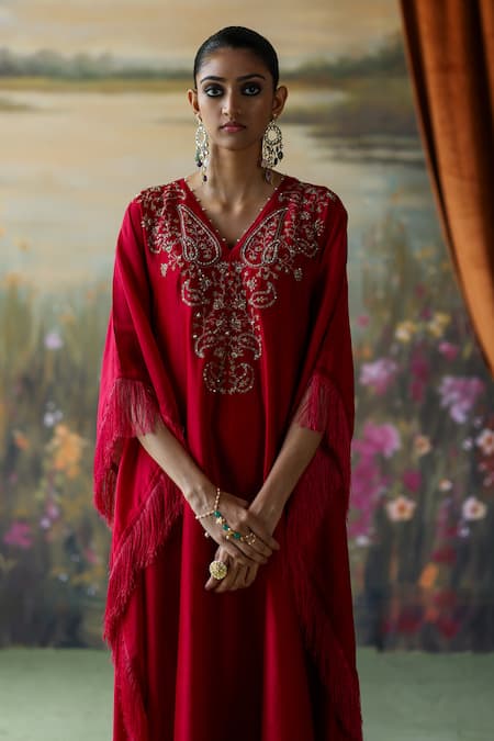Shikha Mehta_Red Silk, Chanderi, Cotton Sequins, Embroidery V-neck Hiya Paisley Kaftan _Online_at_Aza_Fashions