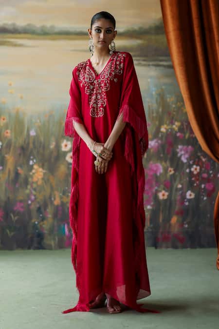 Buy_Shikha Mehta_Red Silk, Chanderi, Cotton Sequins, Embroidery V-neck Hiya Paisley Kaftan _Online_at_Aza_Fashions