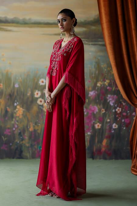 Shop_Shikha Mehta_Red Silk, Chanderi, Cotton Sequins, Embroidery V-neck Hiya Paisley Kaftan _Online_at_Aza_Fashions