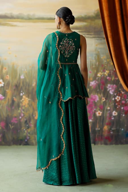 Shop_Shikha Mehta_Green Silk Organza, Silk, Chanderi Ilyana Paisley Peplum Kurta Sharara Set _at_Aza_Fashions