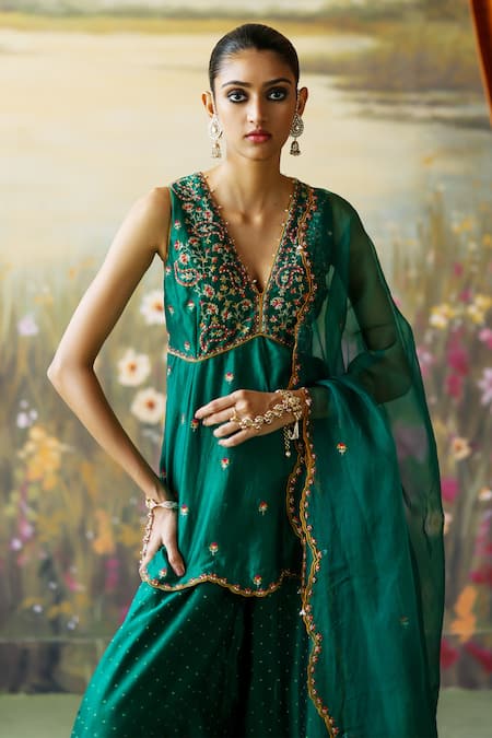 Shop_Shikha Mehta_Green Silk Organza, Silk, Chanderi Ilyana Paisley Peplum Kurta Sharara Set _Online_at_Aza_Fashions