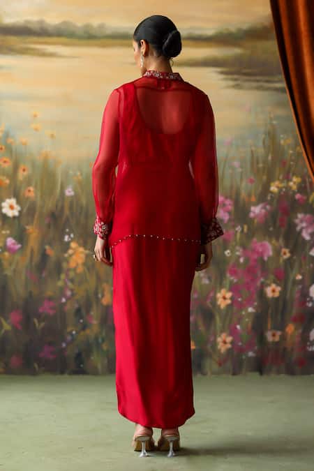 Shop_Shikha Mehta_Red Silk Organza, Silk, Chanderi, Satin Inika Yoke Shirt Draped Skirt Set _at_Aza_Fashions