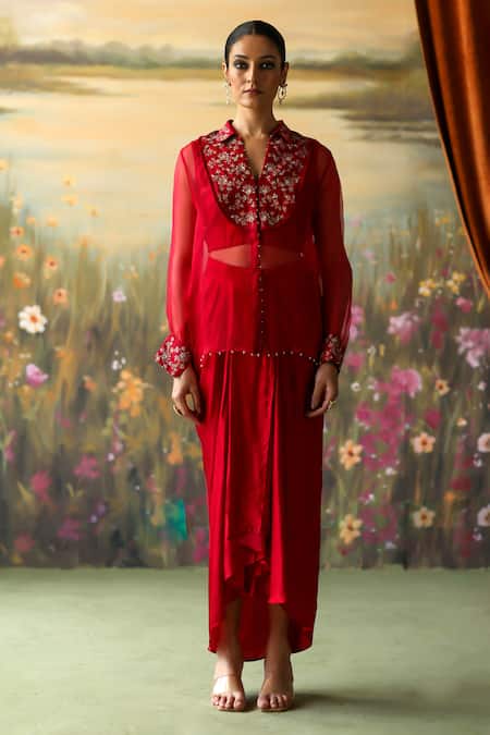 Shikha Mehta_Red Silk Organza, Silk, Chanderi, Satin Inika Yoke Shirt Draped Skirt Set _Online_at_Aza_Fashions