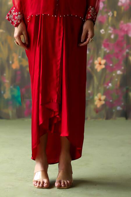 Buy_Shikha Mehta_Red Silk Organza, Silk, Chanderi, Satin Inika Yoke Shirt Draped Skirt Set _Online_at_Aza_Fashions