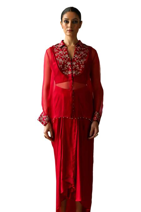 Shop_Shikha Mehta_Red Silk Organza, Silk, Chanderi, Satin Inika Yoke Shirt Draped Skirt Set _Online_at_Aza_Fashions