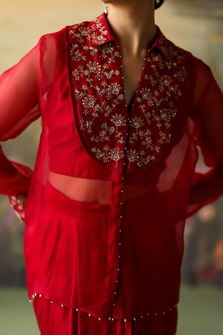 Shikha Mehta_Red Silk Organza, Silk, Chanderi, Satin Inika Yoke Shirt Draped Skirt Set _at_Aza_Fashions