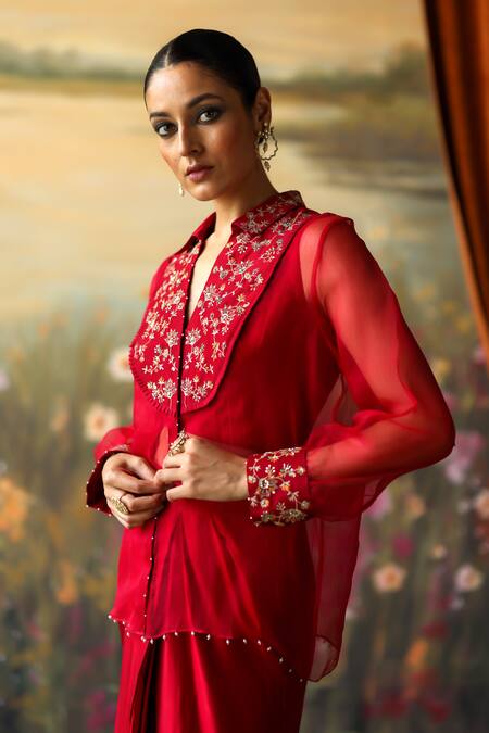 Buy_Shikha Mehta_Red Silk Organza, Silk, Chanderi, Satin Inika Yoke Shirt Draped Skirt Set 