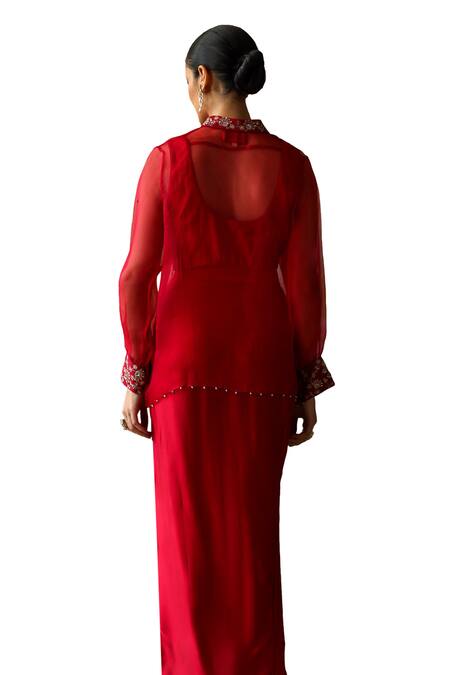 Shop_Shikha Mehta_Red Silk Organza, Silk, Chanderi, Satin Inika Yoke Shirt Draped Skirt Set 