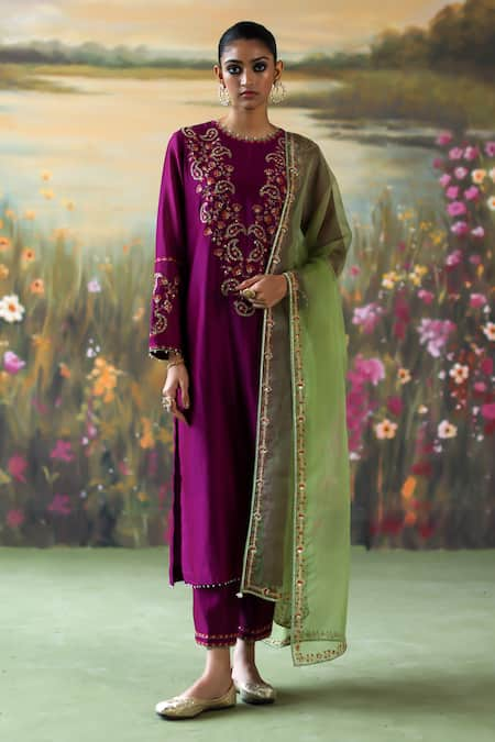 Shikha Mehta Purple Kurta And Pant Silk Chanderi Embroidered Thread Mahika Paisley Set 