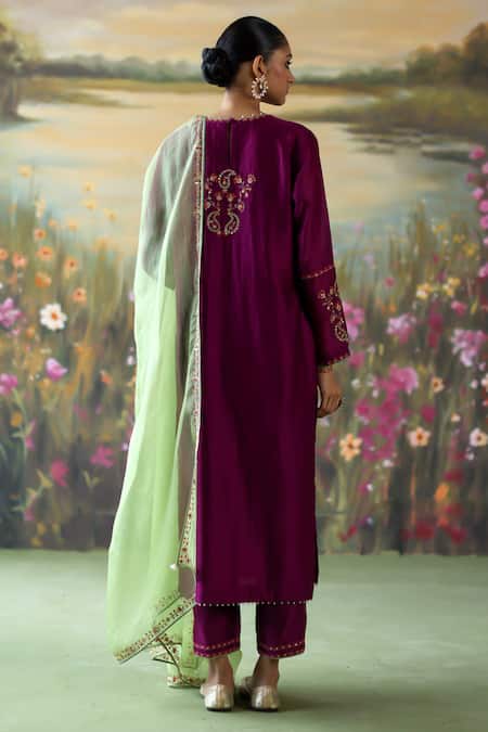 Shop_Shikha Mehta_Purple , Chanderi, Organza Sequins, Mahika Paisley Kurta Pant Set _at_Aza_Fashions