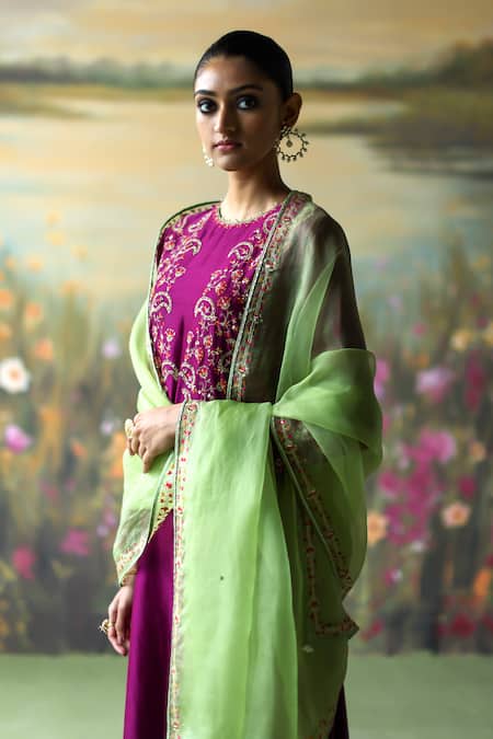 Shikha Mehta_Purple , Chanderi, Organza Sequins, Mahika Paisley Kurta Pant Set _Online_at_Aza_Fashions