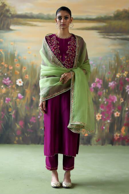 Buy_Shikha Mehta_Purple , Chanderi, Organza Sequins, Mahika Paisley Kurta Pant Set _Online_at_Aza_Fashions