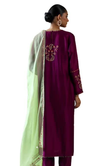 Shop_Shikha Mehta_Purple , Chanderi, Organza Sequins, Mahika Paisley Kurta Pant Set _Online_at_Aza_Fashions