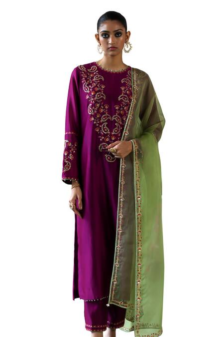 Shikha Mehta_Purple , Chanderi, Organza Sequins, Mahika Paisley Kurta Pant Set _at_Aza_Fashions