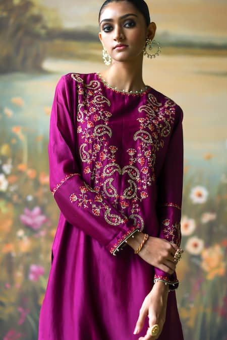 Buy_Shikha Mehta_Purple , Chanderi, Organza Sequins, Mahika Paisley Kurta Pant Set 