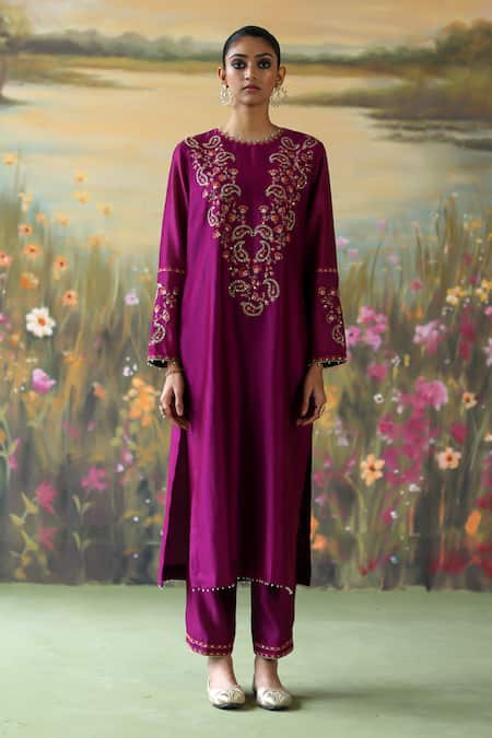 Shop_Shikha Mehta_Purple , Chanderi, Organza Sequins, Mahika Paisley Kurta Pant Set 