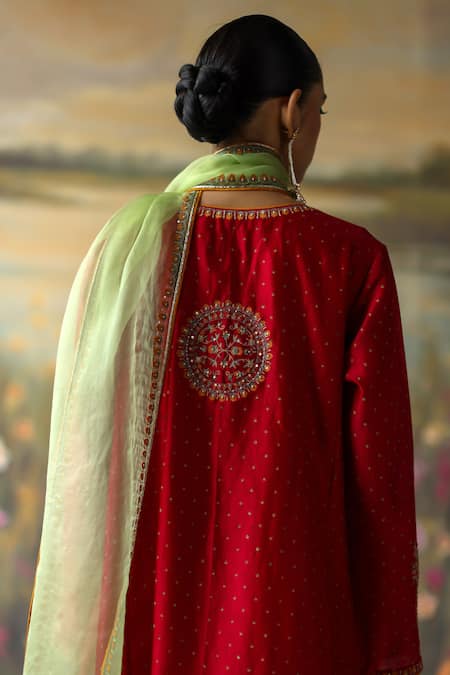 Shikha Mehta_Red Silk Organza, Silk, Chanderi Sequins, Miraya Floral Kurta Pant Set _Online_at_Aza_Fashions