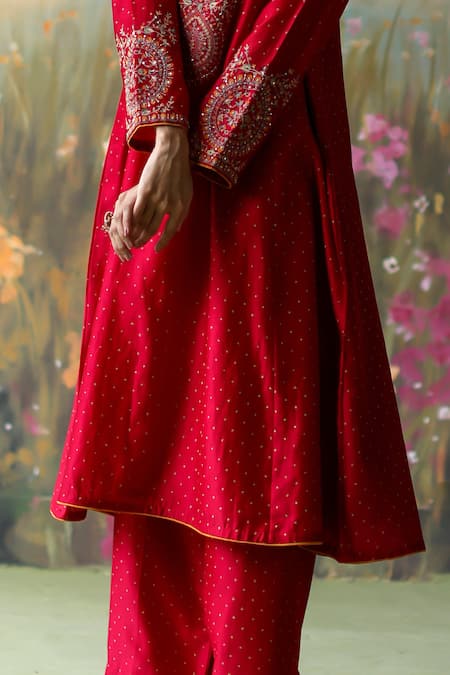 Buy_Shikha Mehta_Red Silk Organza, Silk, Chanderi Sequins, Miraya Floral Kurta Pant Set 