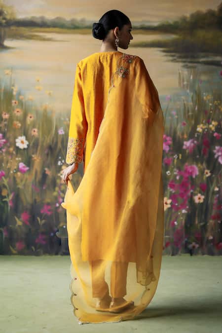 Shop_Shikha Mehta_Yellow , Organza, Chanderi Naveli Floral Mandala Kurta Pant Set _at_Aza_Fashions