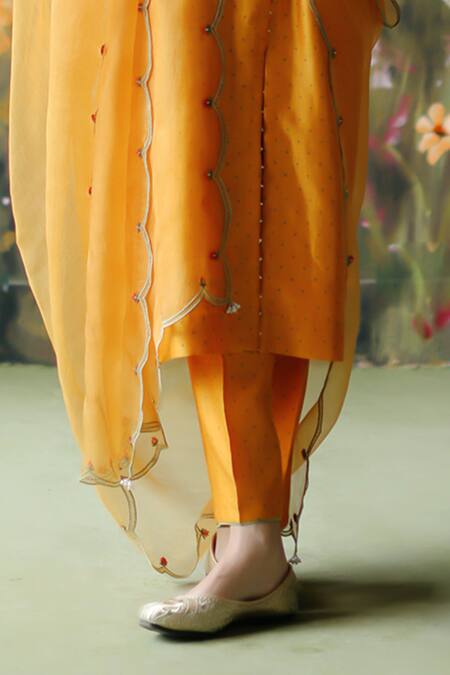 Shikha Mehta_Yellow , Organza, Chanderi Naveli Floral Mandala Kurta Pant Set _Online_at_Aza_Fashions