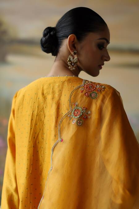 Buy_Shikha Mehta_Yellow , Organza, Chanderi Naveli Floral Mandala Kurta Pant Set _Online_at_Aza_Fashions