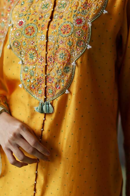 Shop_Shikha Mehta_Yellow , Organza, Chanderi Naveli Floral Mandala Kurta Pant Set _Online_at_Aza_Fashions