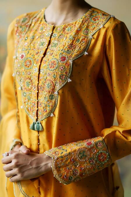 Shikha Mehta_Yellow , Organza, Chanderi Naveli Floral Mandala Kurta Pant Set _at_Aza_Fashions