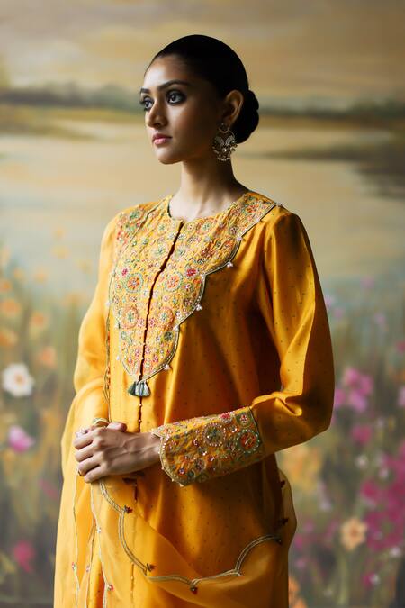 Buy_Shikha Mehta_Yellow , Organza, Chanderi Naveli Floral Mandala Kurta Pant Set 