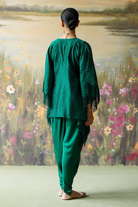 Shop_Shikha Mehta_Green Silk, Cotton, Satin Tassels, Navi Fringe Short Kaftan And Cowl Pant Set _at_Aza_Fashions